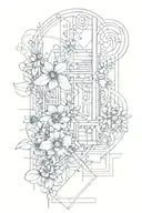 An abstract art piece inspired by architectural blueprints, with hidden flower motifs tattoo design idea