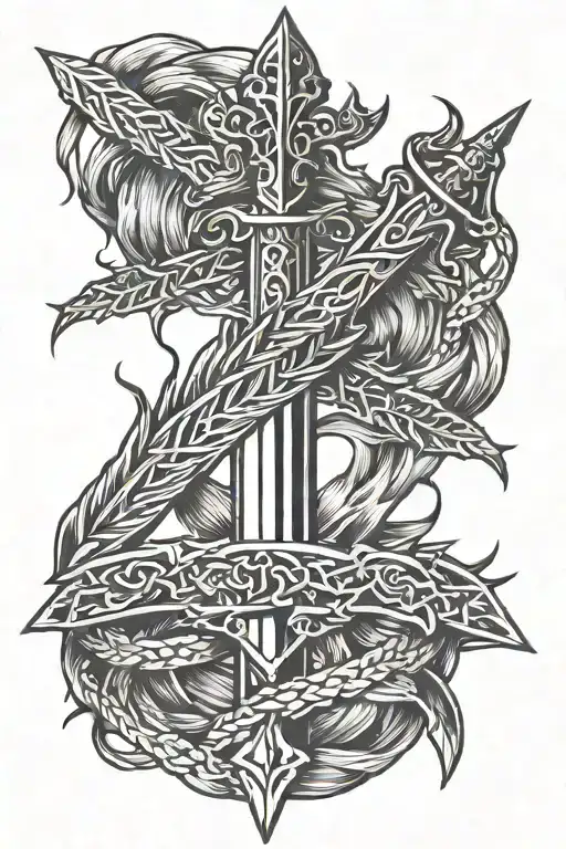 sword on fire, crown of thorns and feather  tattoo design idea