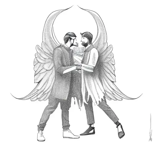 two men with black angels wings, holding a little girl tattoo design idea