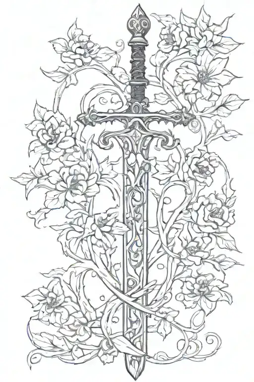 sword on one side with oak vine wrapping around it and on the other side a more feminine vine with a birth flower for Fe tattoo design idea