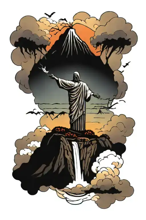 Christ the redeemer with waterfall flowing down, volcano erupting in background and sunset and clouds just above tattoo design idea
