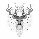 A dotwork pattern of intertwining deer antlers and delicate flowers, forming a geometric shape tattoo design idea