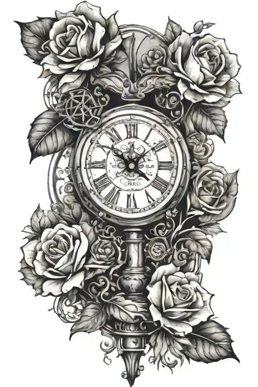 a full sleeve tattoo with a clock, compass, a few flowers, nature, and an hourglass, and maybe a small wolf hidden in it tattoo design idea