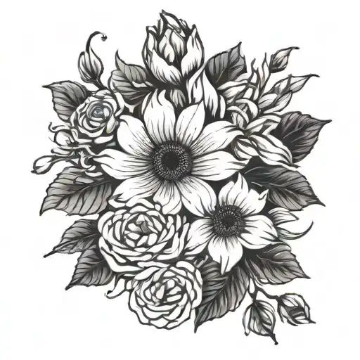 A beautiful bouquet of flowers with each bloom representing a different member of your family, with the year 1991 subtly hidden among the petals tattoo design idea