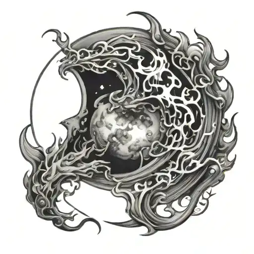 moon covered in fire tattoo design idea