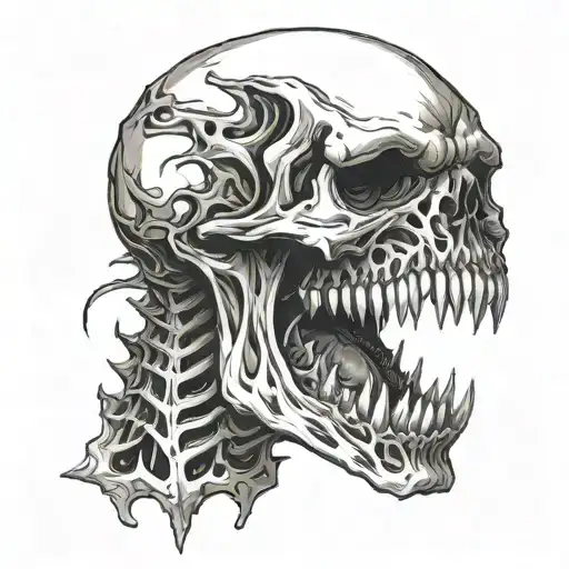 monster head, skull, melting skin, extremely open mouth, sharp teeth, scary tattoo design idea