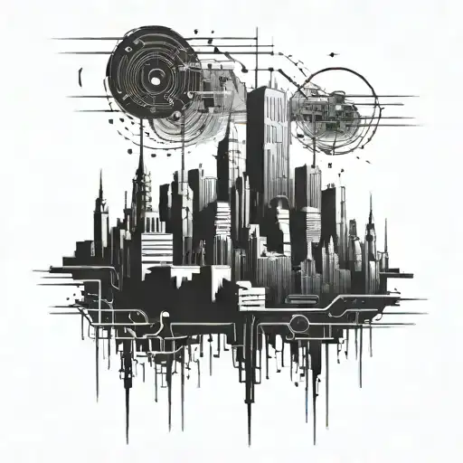 A blackwork tattoo of a futuristic cityscape with computer code running through the buildings tattoo design idea