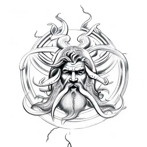 An intricate sketch-style tattoo depicting Zeus and Poseidon united, their symbols of power intertwining as a lightning bolt strikes the trident amidst swirling waves. tattoo design idea