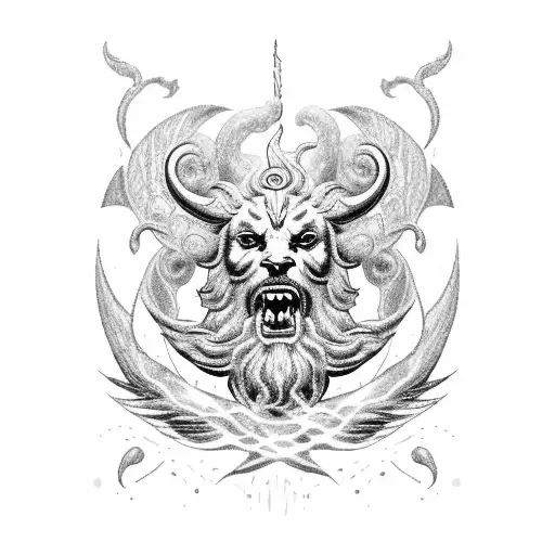 A bold blackwork tattoo design featuring a majestic Zeus holding a lightning bolt, surrounded by swirling storm clouds that merge seamlessly into Poseidon's trident and crashing waves. tattoo design idea