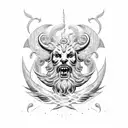 A bold blackwork tattoo design featuring a majestic Zeus holding a lightning bolt, surrounded by swirling storm clouds that merge seamlessly into Poseidon's trident and crashing waves. tattoo design idea