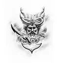 A bold blackwork tattoo design featuring a majestic Zeus holding a lightning bolt, surrounded by swirling storm clouds that merge seamlessly into Poseidon's trident and crashing waves. tattoo design idea