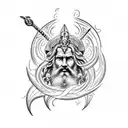 A bold blackwork tattoo design featuring a majestic Zeus holding a lightning bolt, surrounded by swirling storm clouds that merge seamlessly into Poseidon's trident and crashing waves. tattoo design idea