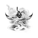 A bold blackwork tattoo design featuring a majestic Zeus holding a lightning bolt, surrounded by swirling storm clouds that merge seamlessly into Poseidon's trident and crashing waves. tattoo design idea