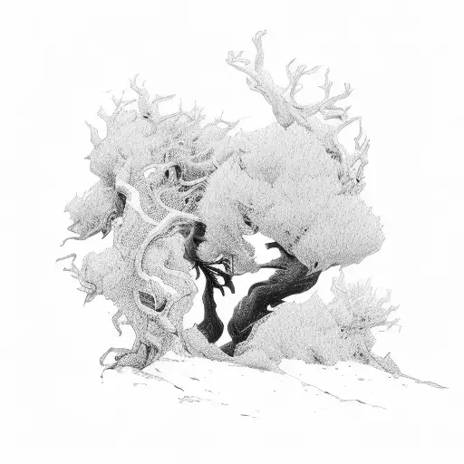 juniper tree, lion, mountains tattoo design idea