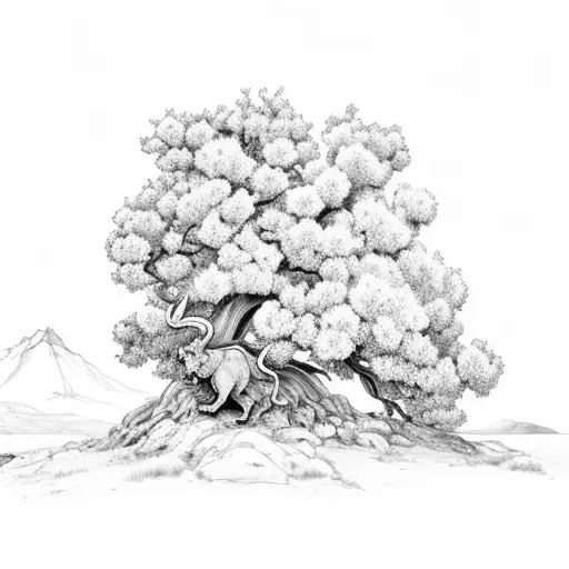 juniper tree with lion in branches with Sierra Nevada mountains in the background tattoo design idea