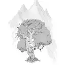 juniper tree, lion, mountains tattoo design idea