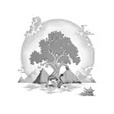 juniper tree with a male lion in branches with Sierra Nevada mountains in the backgroundn tattoo design idea