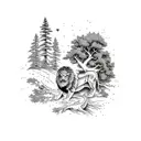 juniper tree with a male lion in branches with Sierra Nevada mountains in the backgroundn tattoo design idea