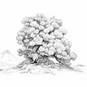 juniper tree with lion in branches with Sierra Nevada mountains in the background tattoo design idea