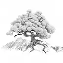 juniper tree with lion in branches with Sierra Nevada mountains in the background tattoo design idea