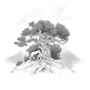 juniper tree with lion in branches with Sierra Nevada mountains in the background tattoo design idea