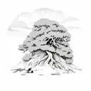 juniper tree with lion in branches with Sierra Nevada mountains in the background tattoo design idea