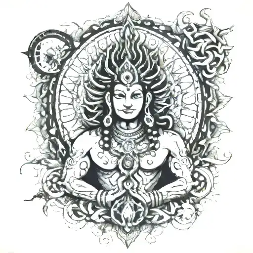 Mahakal surrounded by intricate dotwork tattoo design idea