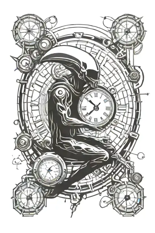 Alien acting as father time with a clock in psychedelic style tattoo design idea