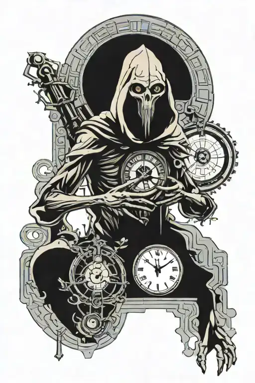 Grey alien acting as father time with a clock in psychedelic style tattoo design idea