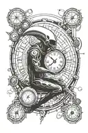 Alien acting as father time with a clock in psychedelic style tattoo design idea