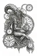 Alien acting as father time with a clock in psychedelic style tattoo design idea