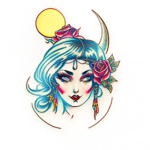 Gypsy girl with roses and moon tattoo design idea