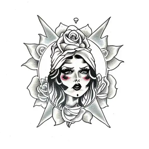 Witchy Gypsy girl with black hair with roses moon tattoo design idea