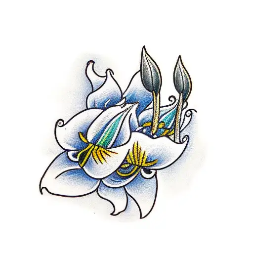 Traditionl tattoo of a italian switchblade surrounded by two white lily flowers tattoo design idea