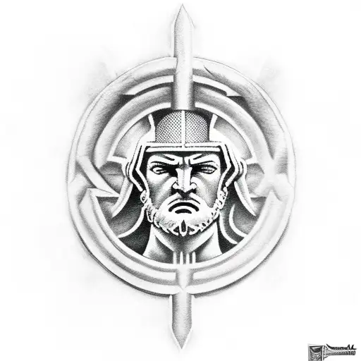 spartan warrior with sheild and greek key symbol border tattoo design idea