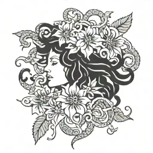 medusa with folwers in black and grey tattoo design idea