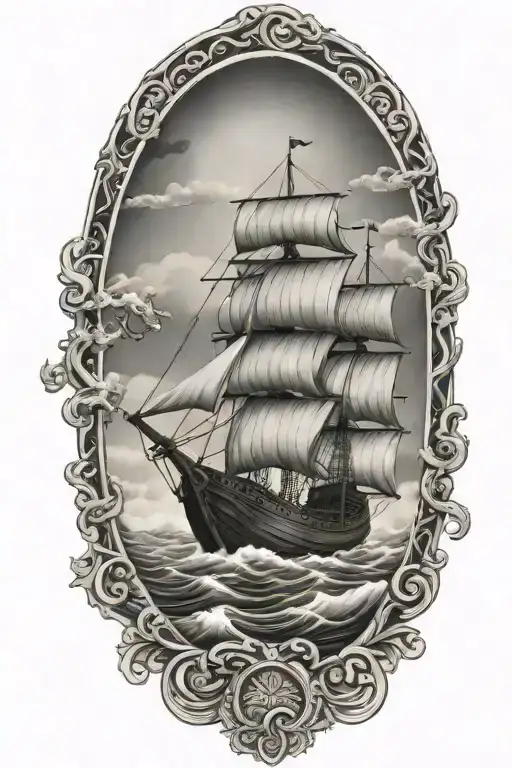 viking ship sailing through stormy sea with oak trees tattoo design idea