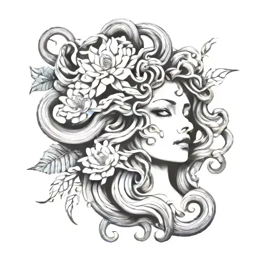 realistic medusa with folwers in black and grey tattoo design idea