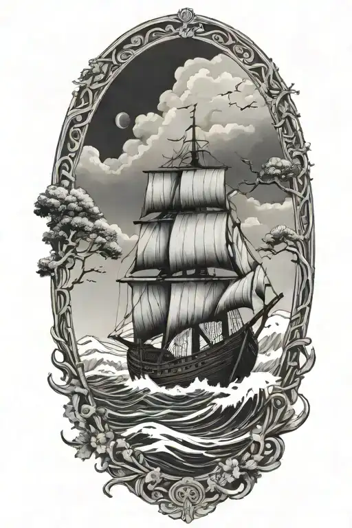 viking ship sailing through stormy sea with oak trees and black sky with cliffs and trees tattoo design idea