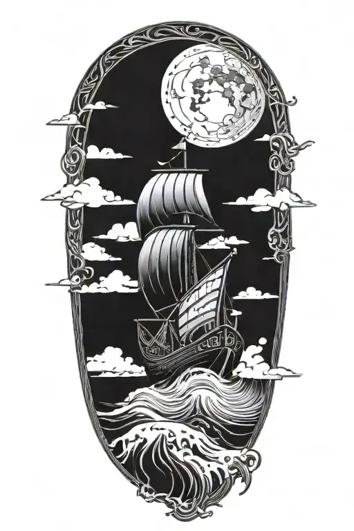 viking ship sailing through stormy sea tattoo design idea