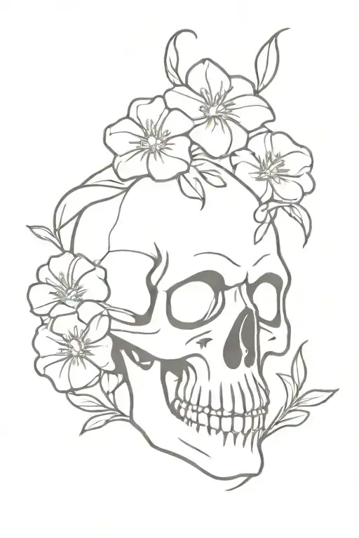 skull with snake entering its mouth and leaving through the eyes with flowers around the skull tattoo design idea