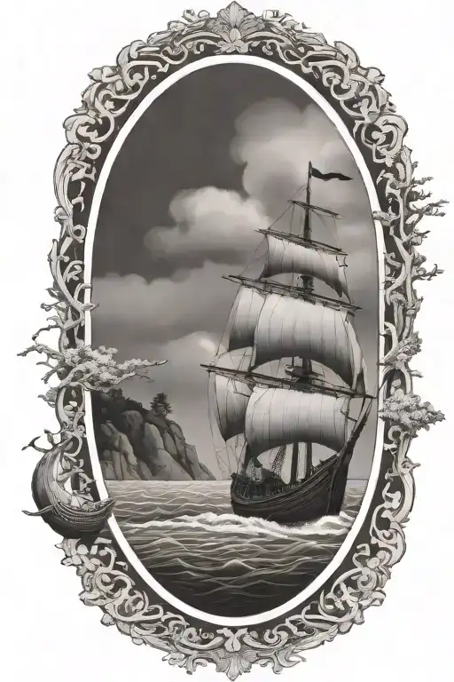 viking ship sailing through stormy sea with oak trees and black sky with cliffs in background and trees tattoo design idea