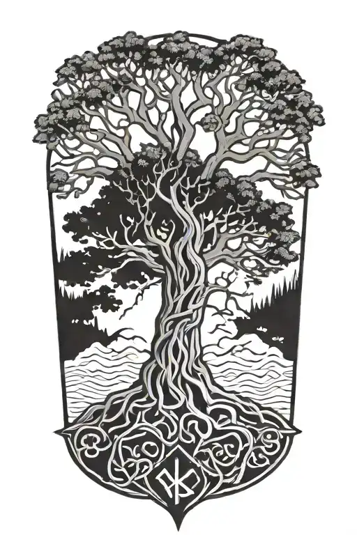viking runes and oak tree tattoo design idea