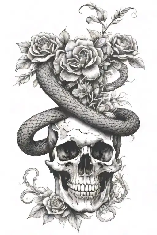 snake skull flowers tattoo design idea