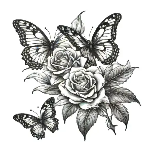 tree roses and lily with two butterflys  tattoo design idea
