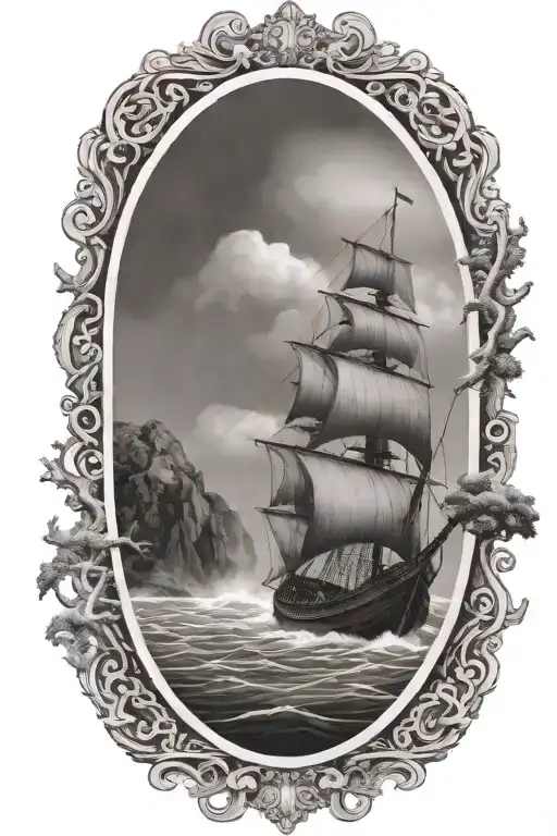 viking ship sailing through stormy sea with oak trees and black sky with cliffs in background and trees tattoo design idea