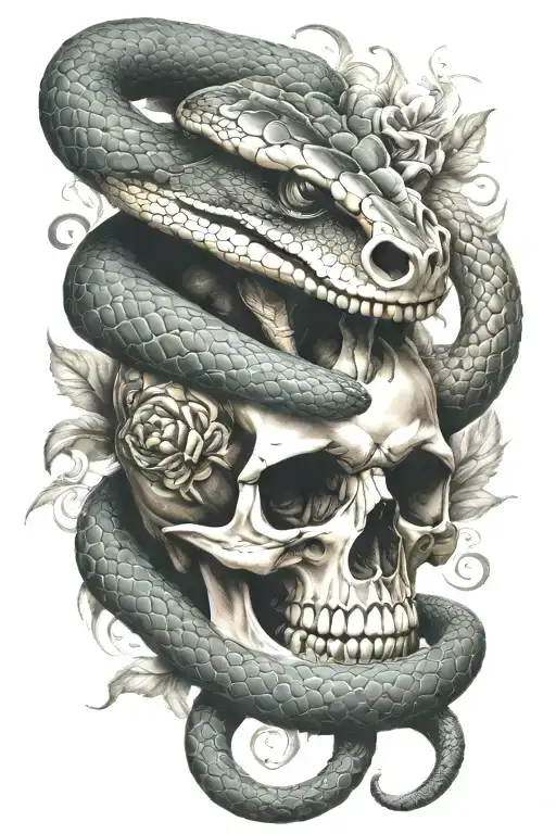 snake with head and skull  tattoo design idea