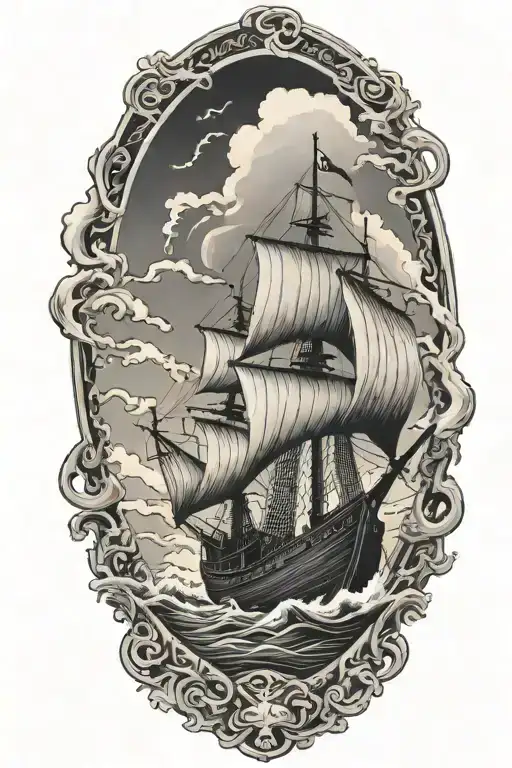 viking ship sailing through stormy sea with oak trees and black sky  tattoo design idea