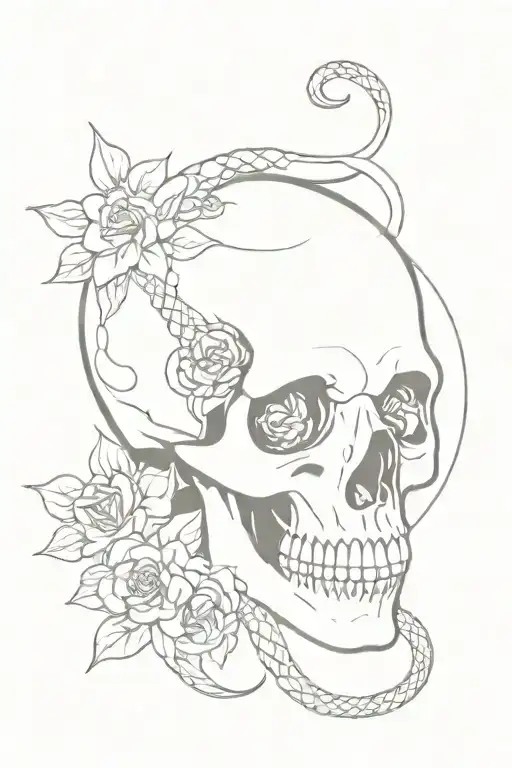 snake entering skull through mouth and leaving through the eyes with flowers around the skull tattoo design idea