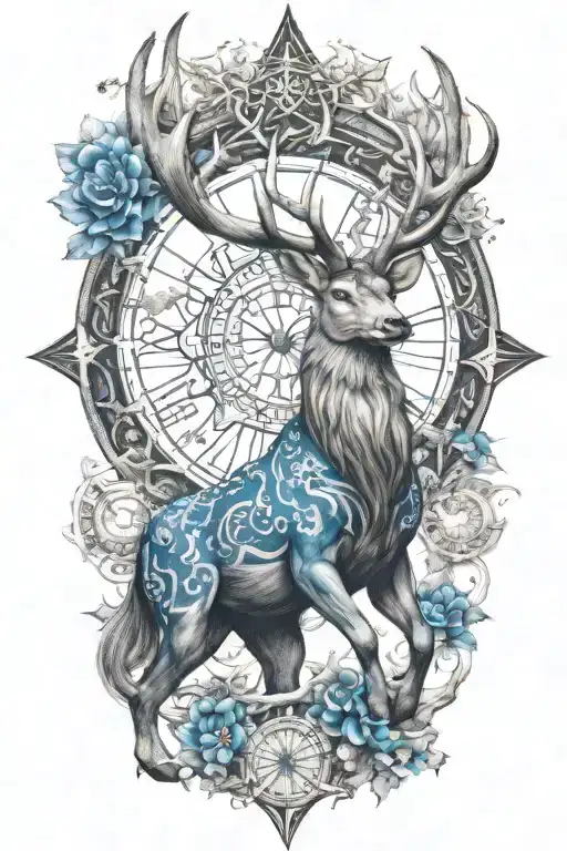 Crossover stag with Kirin blue dragon  whit dharma wheel in nature with 26 little stars tattoo design idea